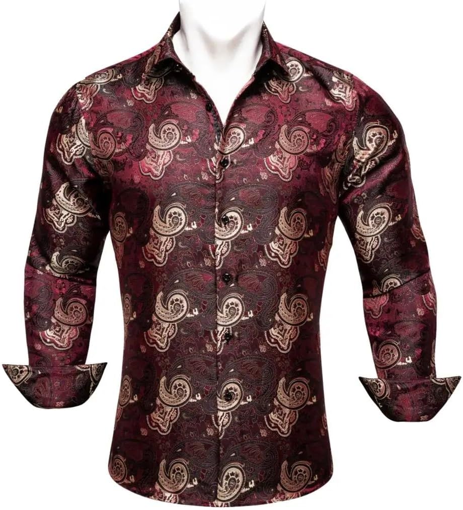 Men Silk Long Sleeve Red Beige Paisley Embroidered Slim Fit Male Blouses Casual Tops