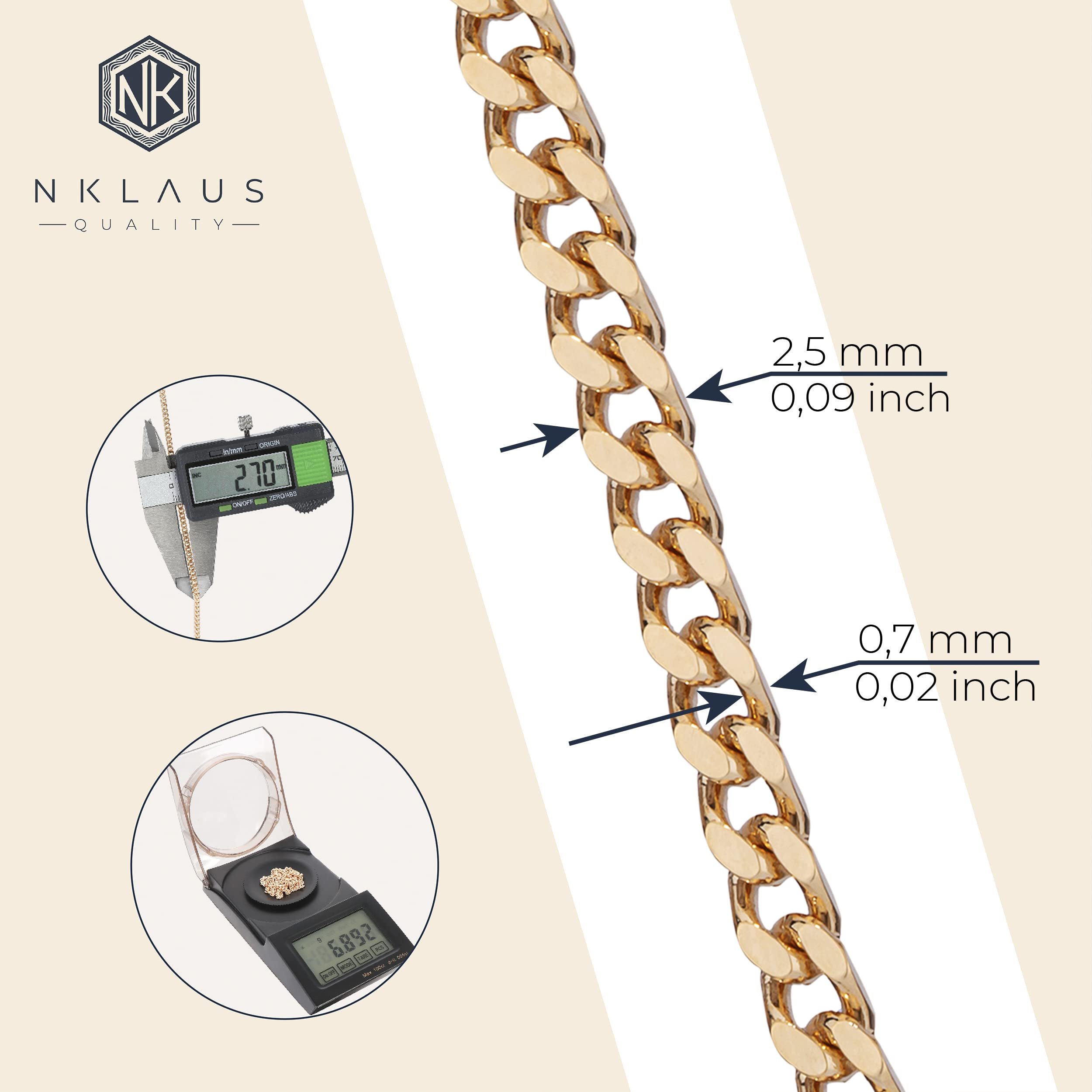 NKlaus łańcuszek o splocie królewskim, 2,50 mm, pozłacany żółtym złotem 18 K 750 e mosiądz, colore: złoto, cod. 5541