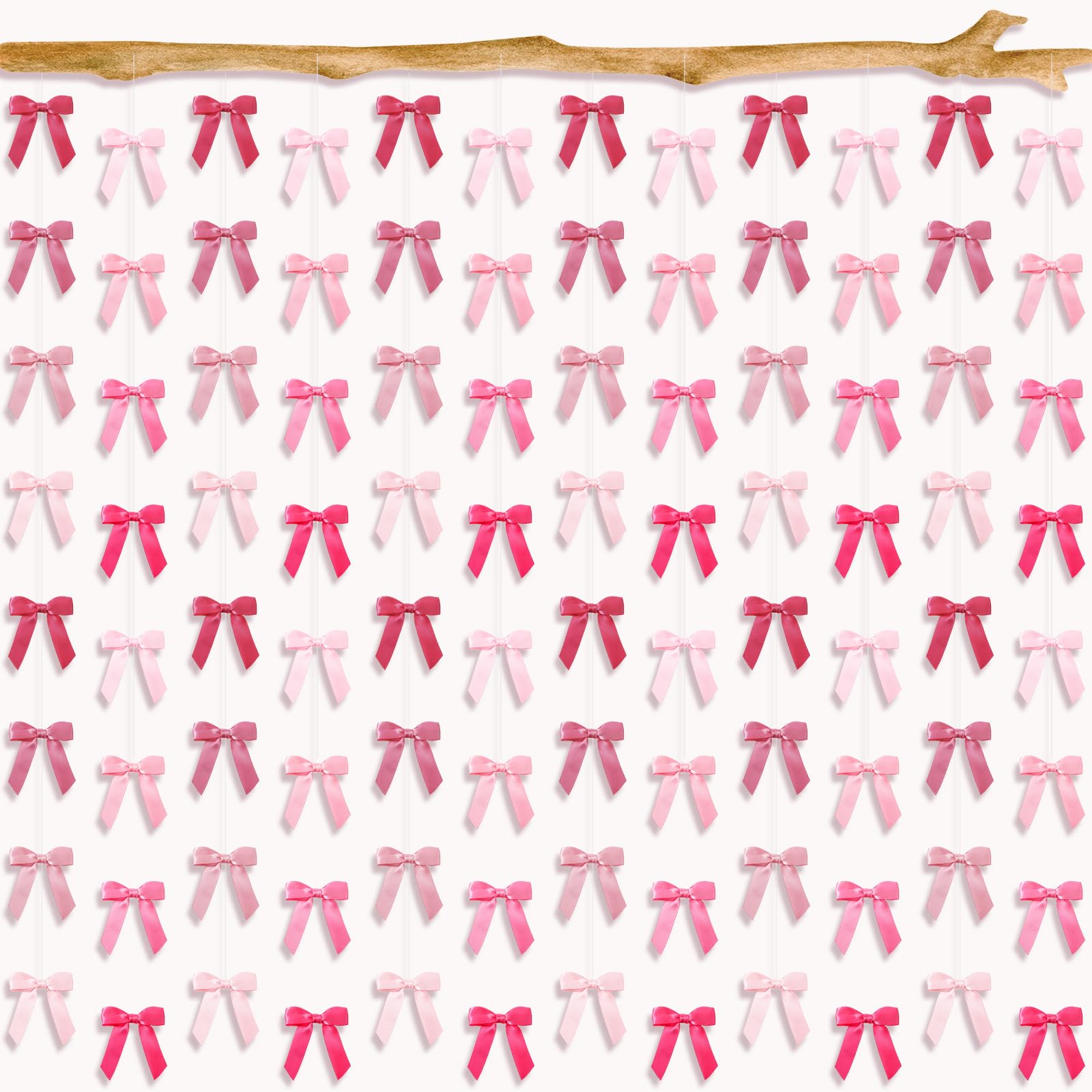 TaoBary 12 Pcs 12 Strings of 96 Pcs Pink Bow Garland Banner, Pre-Strung Bow Party Decorations Satin Ribbon Hanging Ornaments for Christmas Coquette