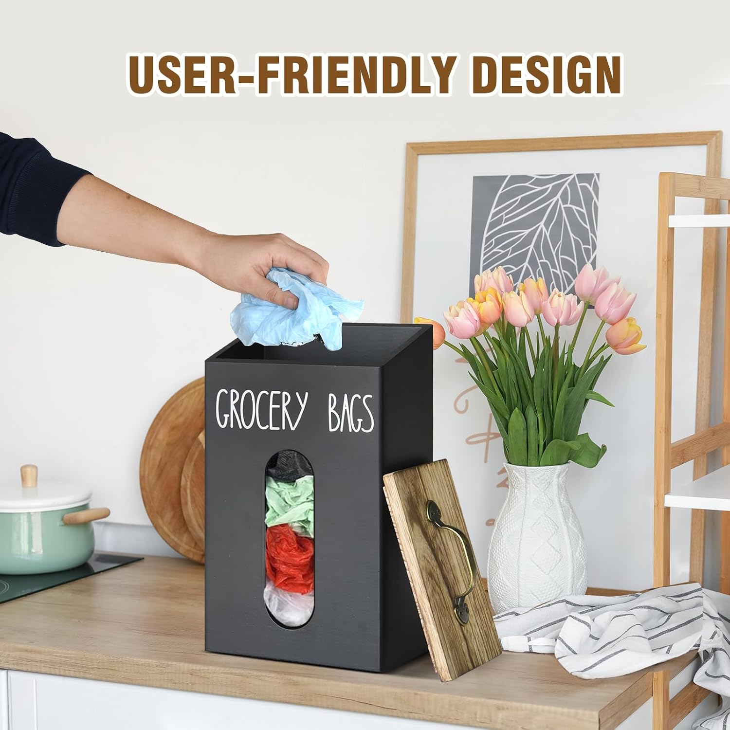Farmhouse Grocery Bag Holder for Plastic Bags,Plastic Bag Holders for Grocery Bags,Bag Holder for Plastic Bags Groceries Store with Lid,Plastic Bag Holder Under Sink for Kitchen Storage Organization