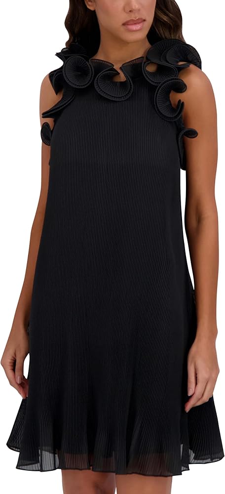 Siena Women's Sleeveless High Neck Ruffle Trim Chiffon Shift Mini