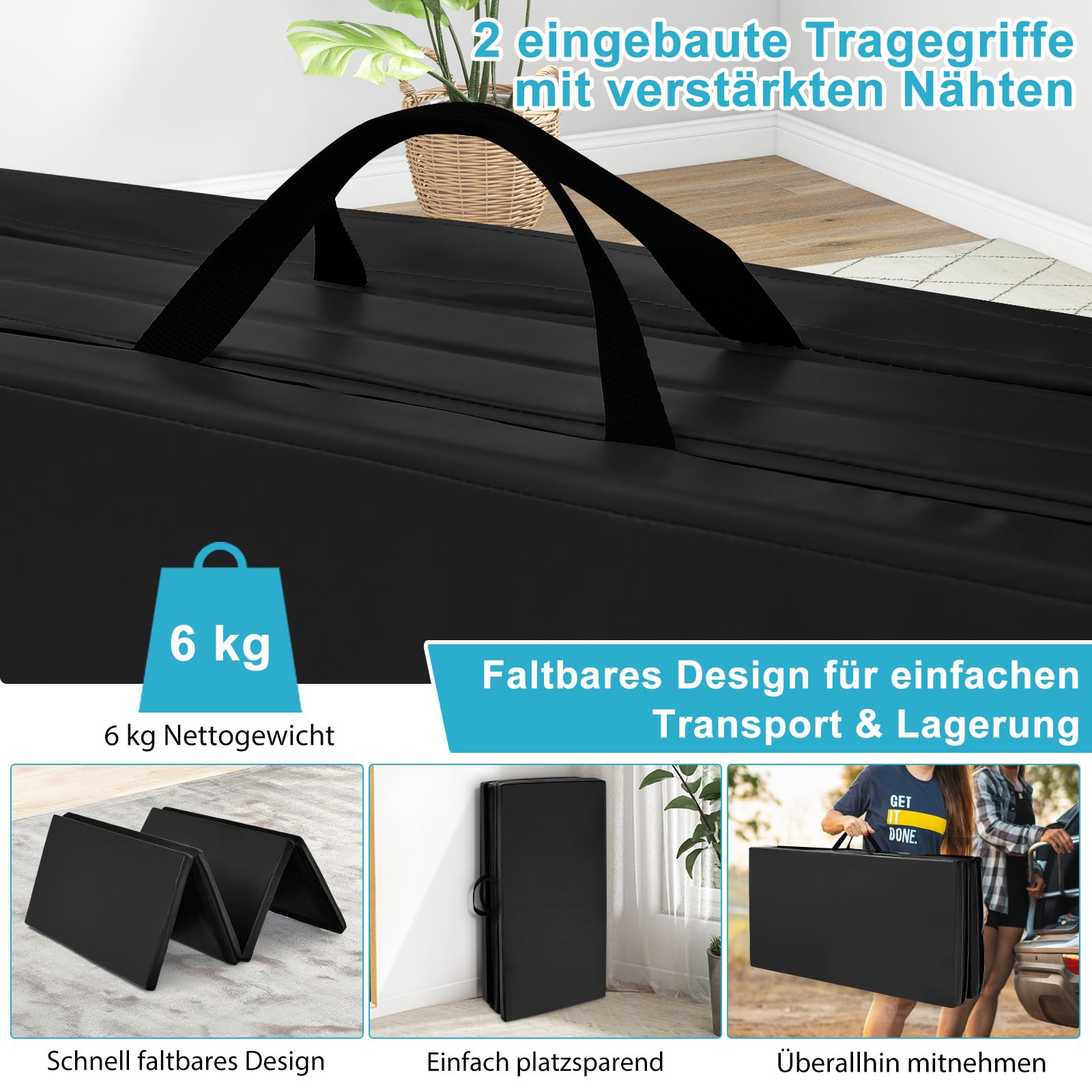 COSTWAY 240 x 120 x 5 cm Weichbodenmatte, Gymnastikmatte klappbar, Yogamatte mit Klettverschluss und 2 Tragegriffe, Turnmatte, Klappmatte, Fitnessmatte für Gymnastik, Yoga, Training Zuhause