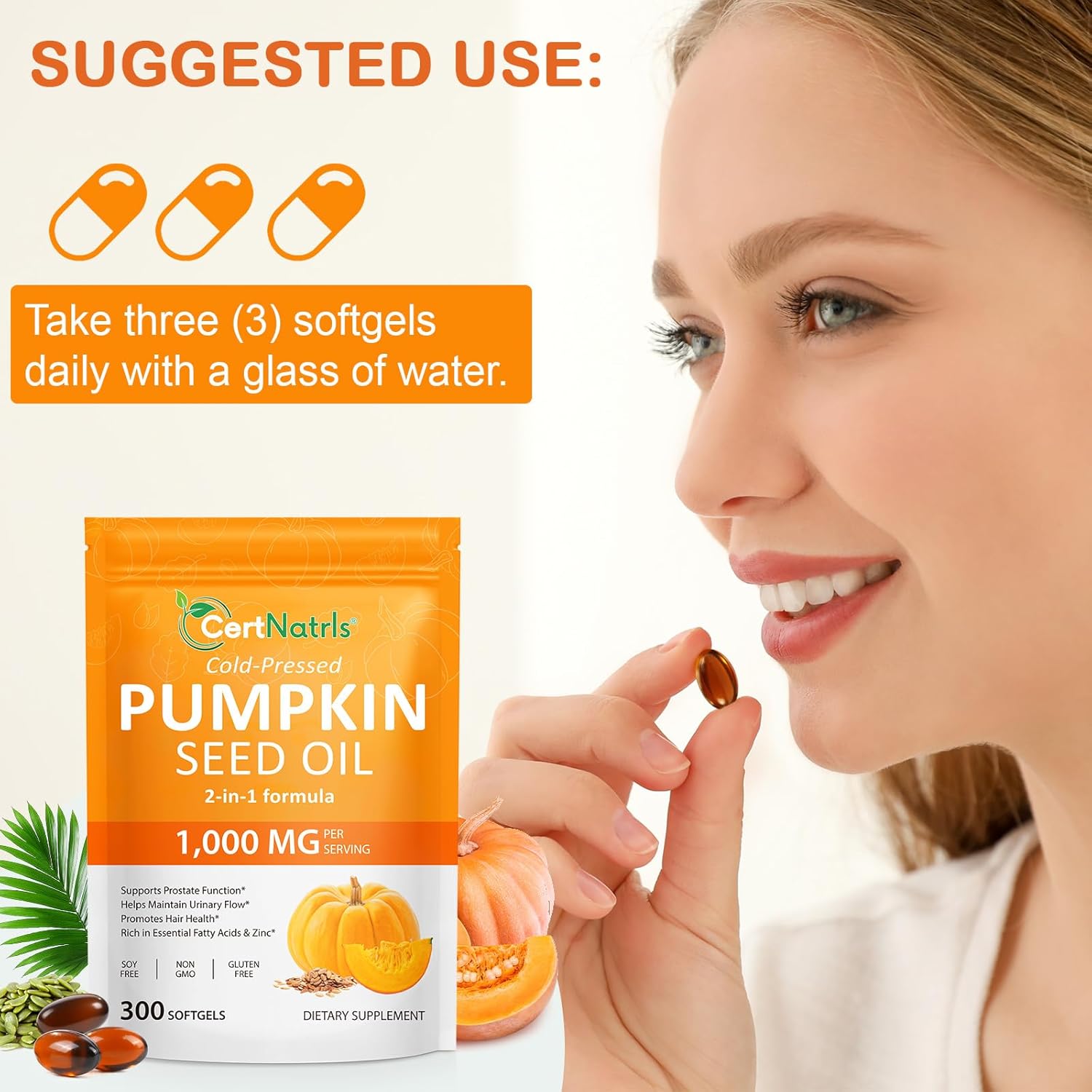 Pumpkin Seed Oil Capsules with Saw Palmetto, 300 Softgels Pumpkin Seed Oil for Hair Growth, Supports Urinary, Bladder & Prostate Health, Cold Pressed & Pure Virgin, Gluten Free, Non-GMO, SOY FREE - Image 8