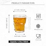 Skull Glass Mug Set of 4 - Beer Glasses with Handle - Heavy Base Drinking Tiki Glasses, Clear Funny Beer Stein Cup for Whiskey, Wine, Juice, Bar, Halloween Decorations Gifts 545ml