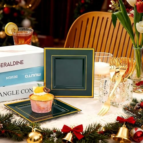 Vista 62 de WDF 86 platos de postre de oro rosa de 6 pulgadas con 86 tenedores desechables de 5 pulgadas, elegantes platos de plástico cuadrados para el día