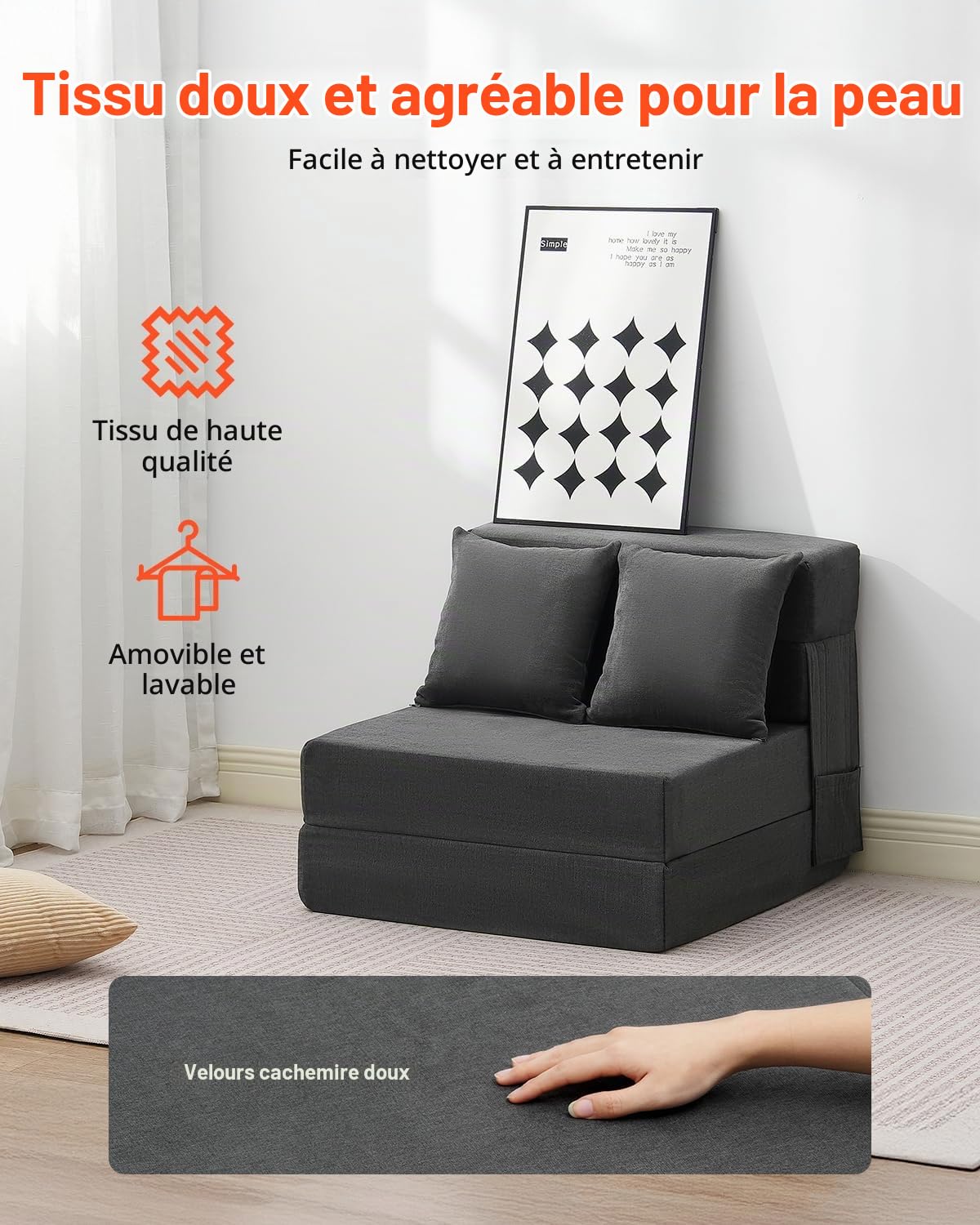 VEVOR Canapé-lit Pliant, 3 en 1, Fauteuil-lit Convertible Pliable, 2 oreillers et Housse Lavable, canapé-lit futon en Mousse à mémoire de Forme, pour Salon, Chambre, Gris foncé, 186 x 73 cm (Single)