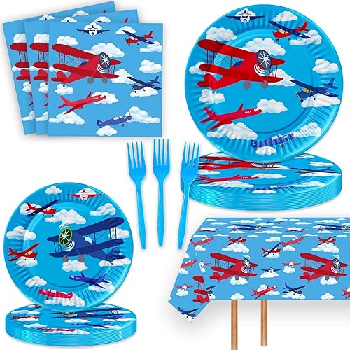 51 Pcs Airplane Party Supplies Airplane Aircraft Disposable Paper Dinner Plates 