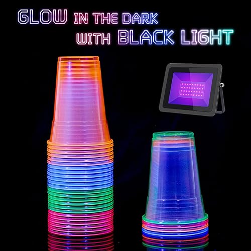 Miniatura 4 de Lilymicky 100 unidades de vasos de plástico de 16 onzas, vasos de fiesta de neón brillante, colores neón surtidos para fiestas, carnavales y