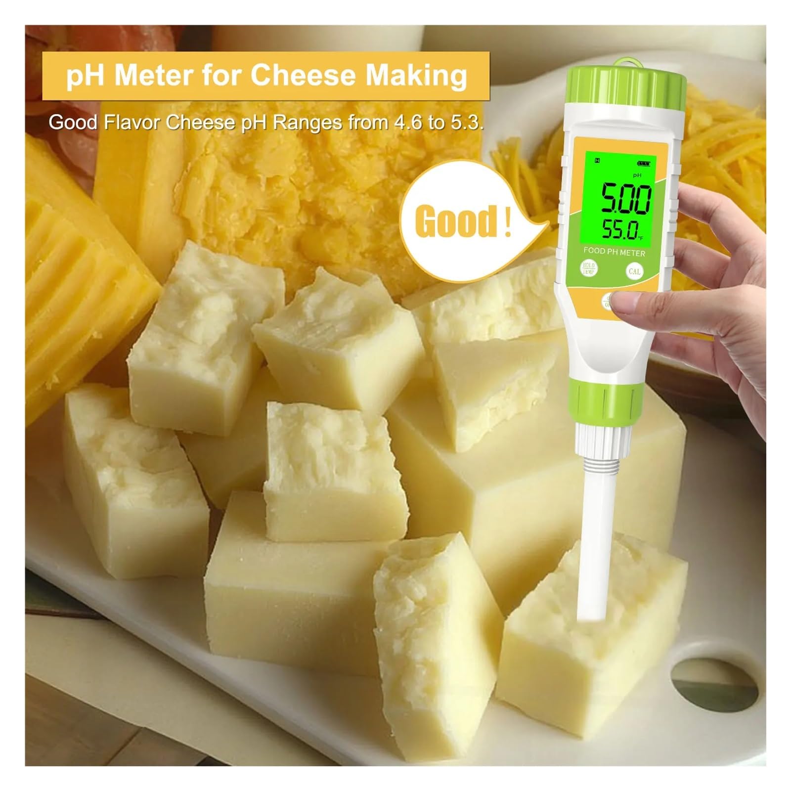 Medidor de pH de alimentos 0,00-14,00, profesional, intelinte, digital, for medir la acidez de la masa, el queso, la carne, el pan, el envasado y el agua.,Precisión mejorada(Oranje)