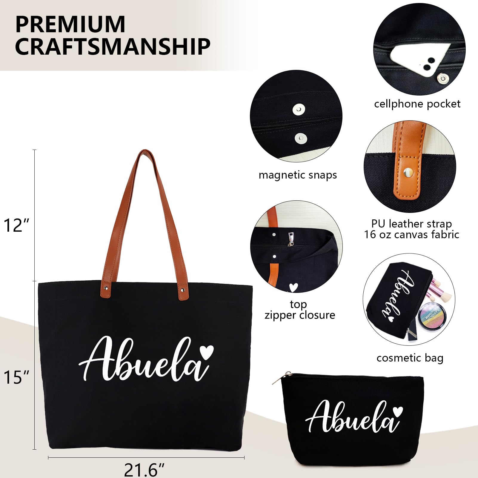 Lamyba Mothers Day Gifts for Gigi Nana Mimi, Grandma Tote Bag with Makeup Bag, Black