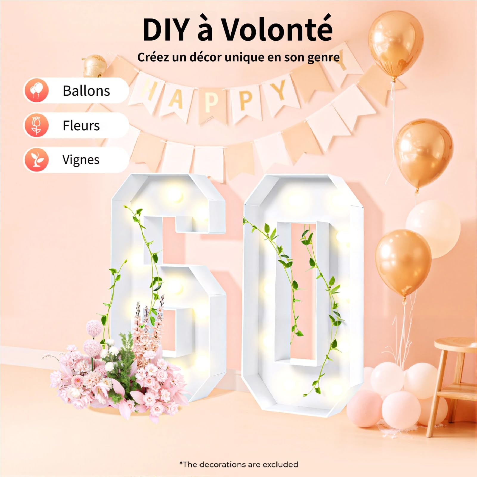 Numeri luminosi LED 2000-3000 K in altezza 100 cm, decorazione di compleanno 60, giganti numeri luminosi per compleanni, matrimoni, feste