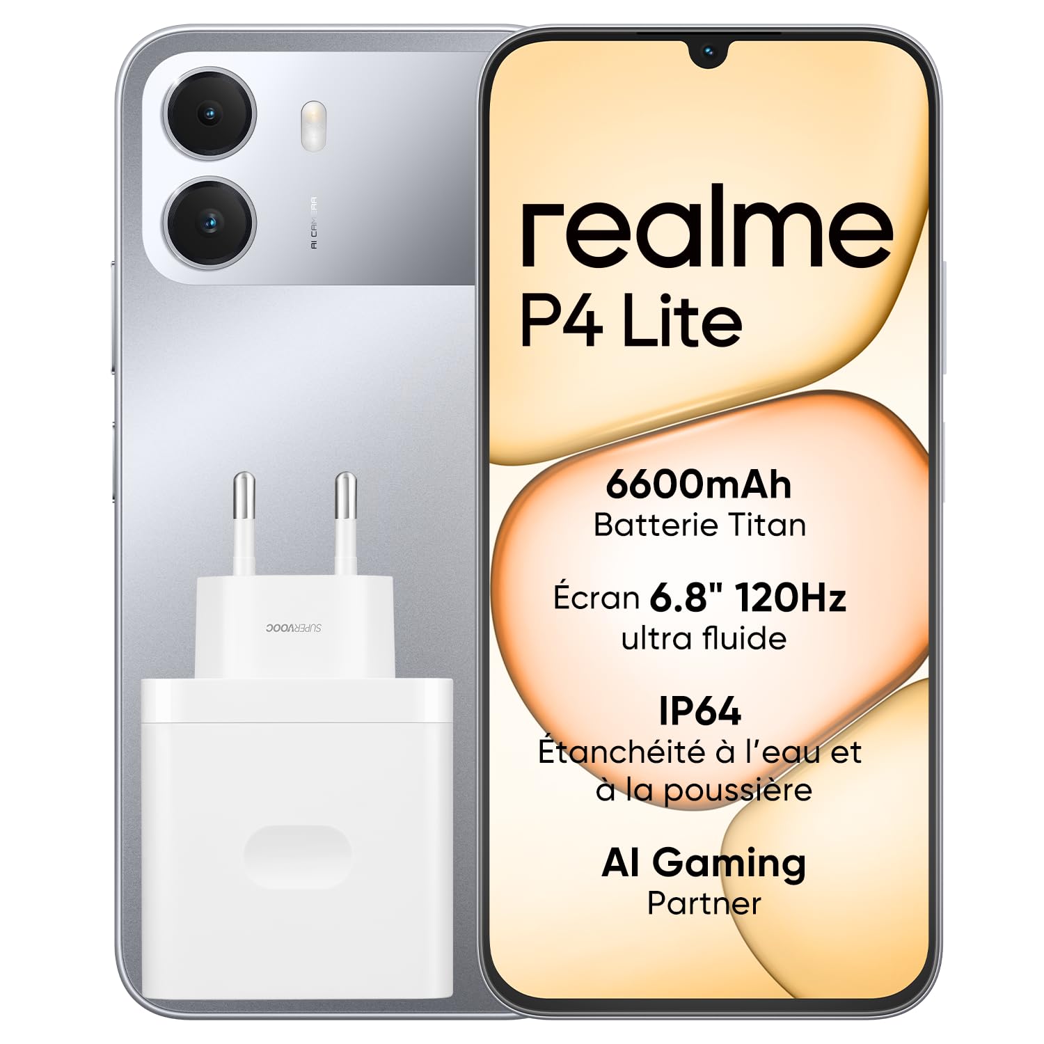 realme P4 Lite Smartphone, 4+256 GB, Batterie Titan 6600mAh, Écran 6.8" 120Hz, Jusqu’à 12 Go RAM Dynamique, Protection ArmorShell, Longue Autonomie Charge Rapide Téléphone, Gris