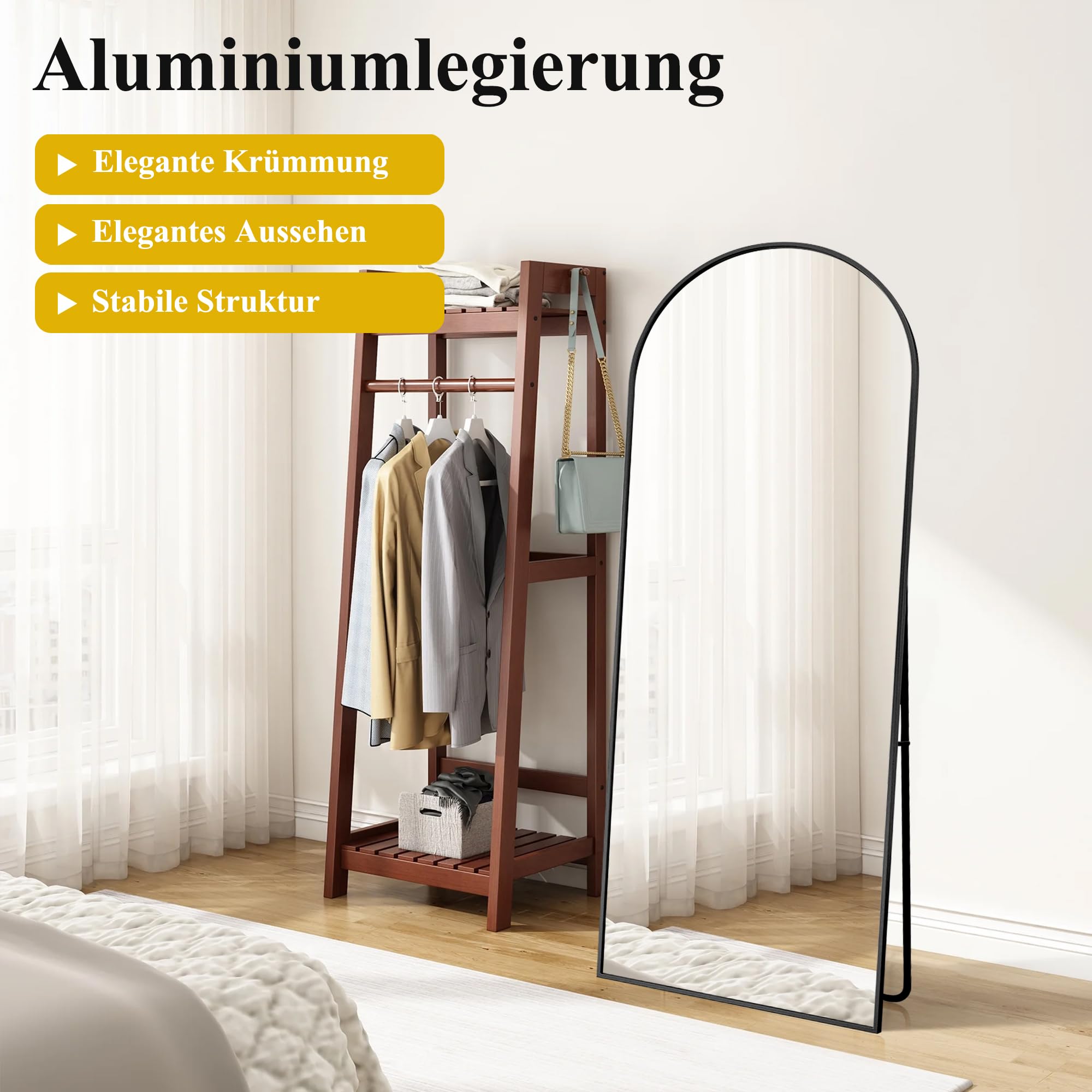 Lustro stojące z metalową ramą 2 w 1, 173 x 63 cm, lustro stojące i ścienne, zakrzywione lustro z ramą do sypialni, salonu (czarne, 173 x 63 cm)