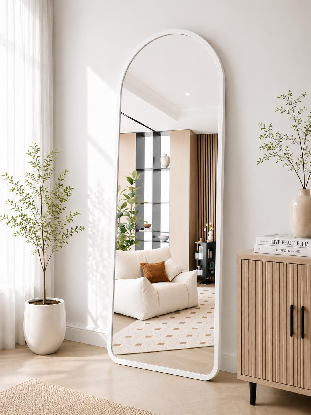Large Arched Full Length Mirror 165 cm x 60 cm, Aluminium Frame, Wall Mounted or Standing Floor Mirror for Bedroom, Hallway & Living Room - White