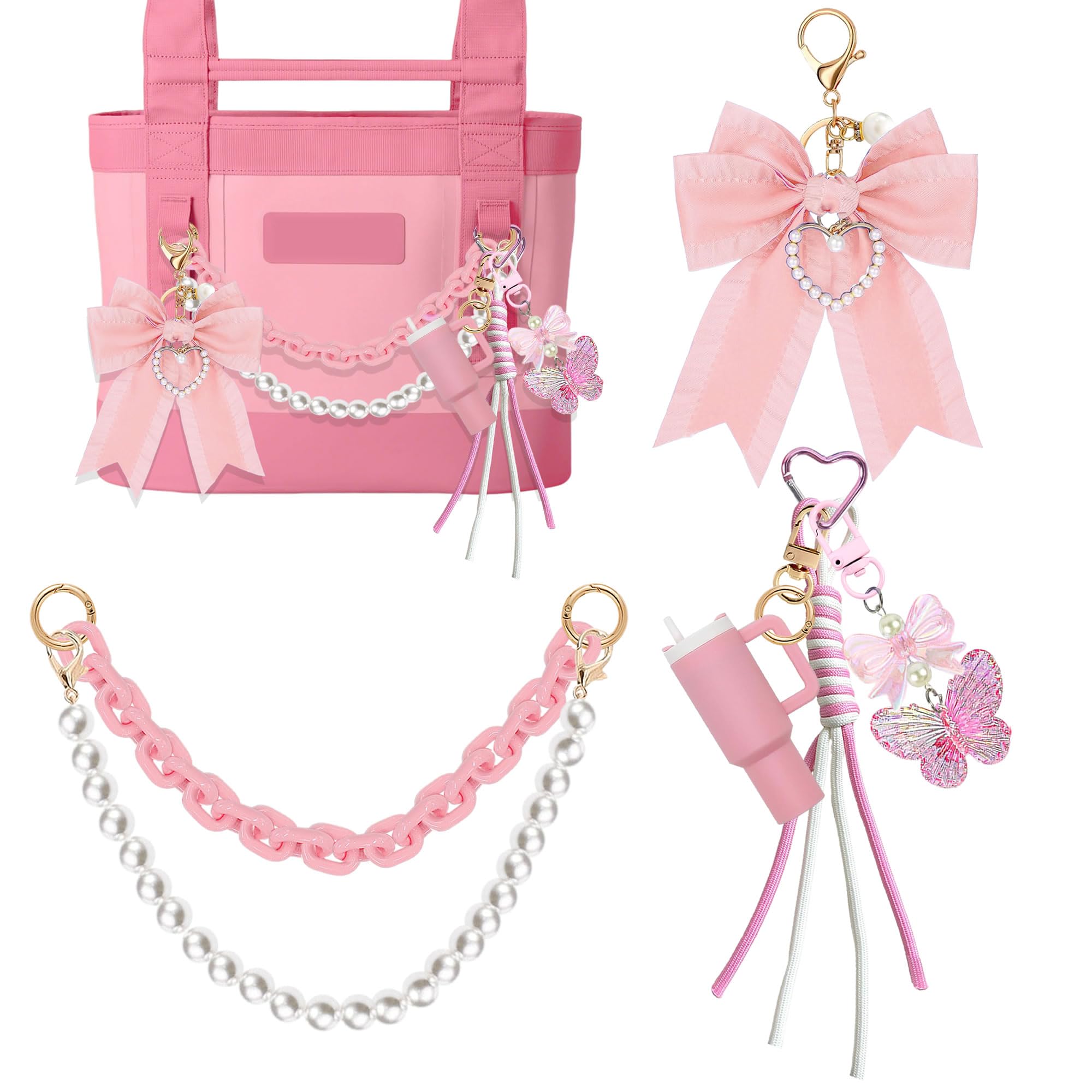 YPINGABS 7PCS Tote Bag Accessory Set for YETI Camino 20/35/50 & Bogg Bags, Pearl Bow Pendant, Acrylic Chain, Mini Tumbler Keychain, Butterfly Beaded