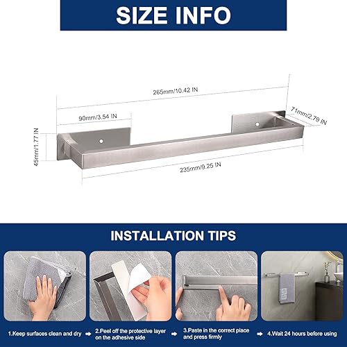 Miniatura 2 de NearMoon Toallero de baño autoadhesivo cuadrado de acero inoxidable, estante de pared para colgar en el colgador adhesivo, estilo contemporáneo, sin