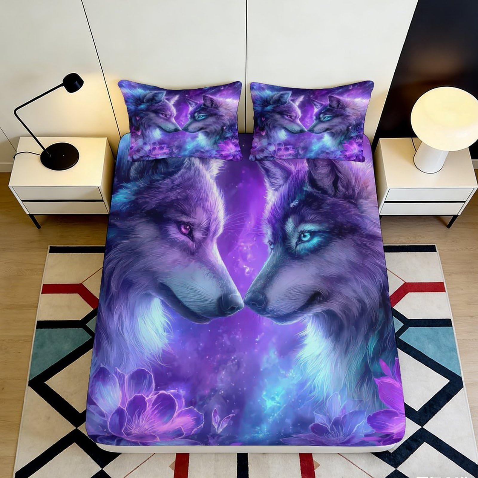 3D Printed Fantasy Wolf Microfiber Fitted Sheet Deep Pocket Non-Slip Bedroom Mattress Fitted Cover Wolf Theme 90x200x25cm