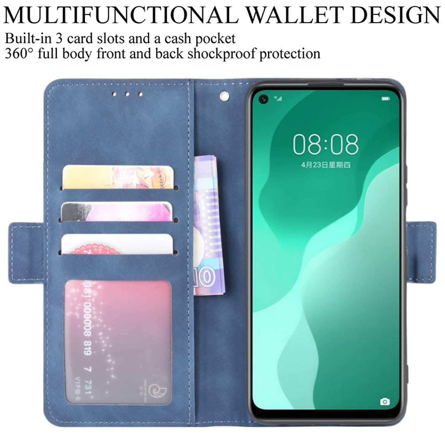 HualuBro Cover Portafoglio Per Huawei P40 Lite, Flip In PU Pelle Con Chiusura Magnetica, 5 Slot Carte E Funzione Stand, Blu - 3