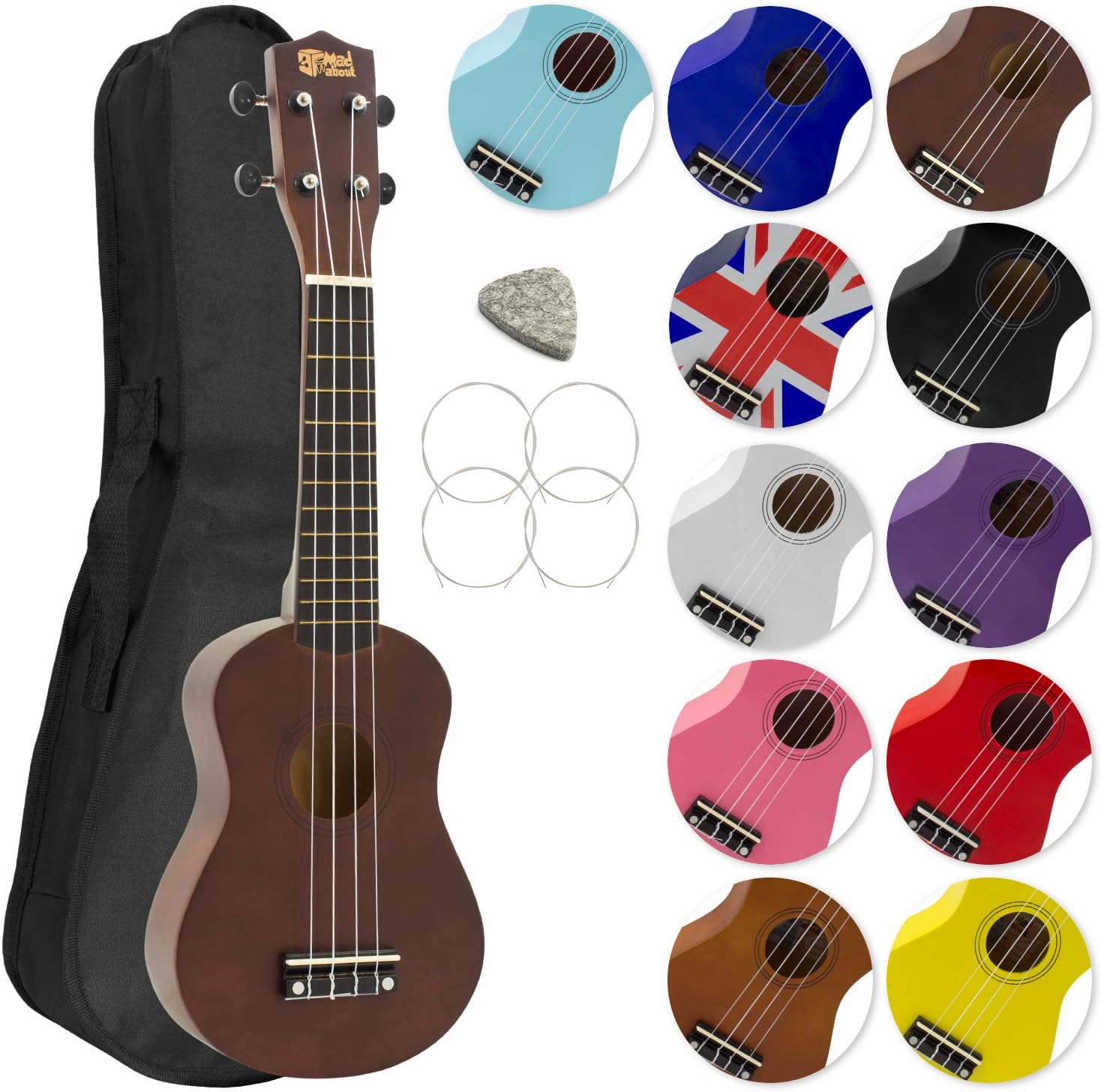 Mad About SU8 Soprano Ukulele with FREE Gig Bag, Pick, and Spare Strings – Great for Schools and Beginners, Now With Carbon Black Strings for Improved Tuning - Dark Wood