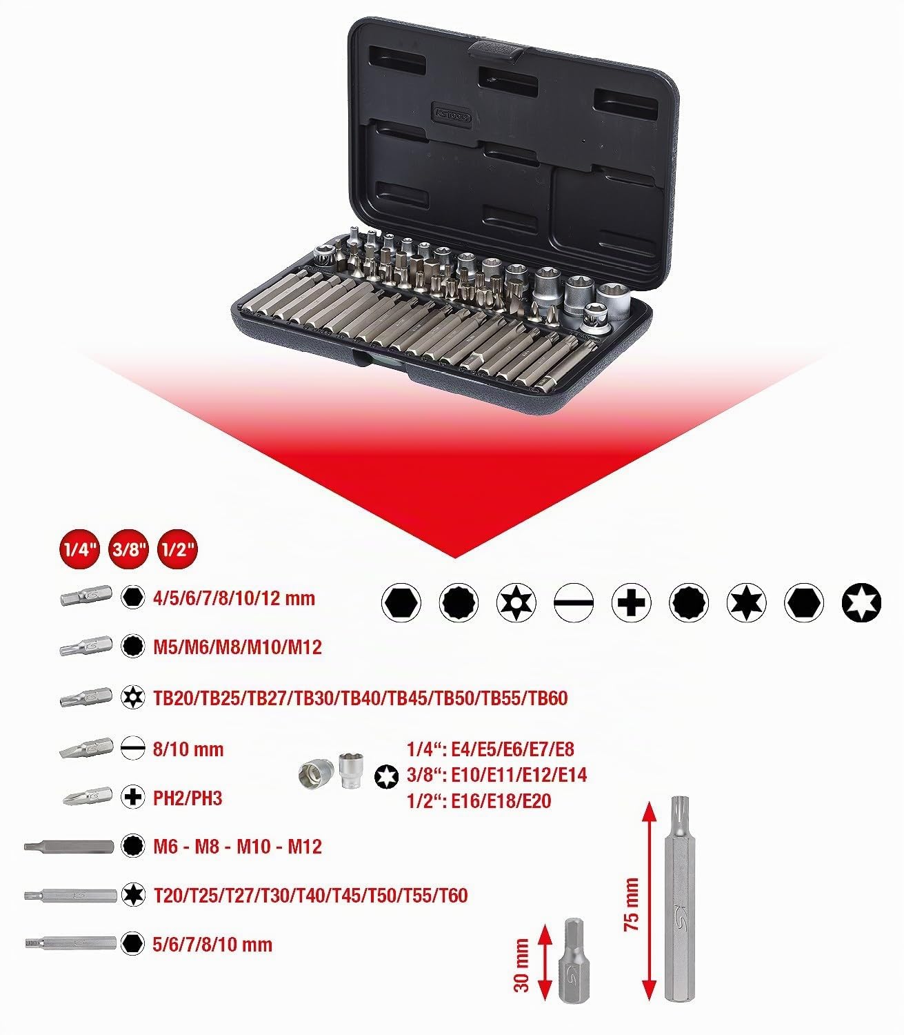 KS Tools 911.4305 1/4"+3/8"+1/2" Juego de llaves de vaso y puntas Torx, 57 pzs