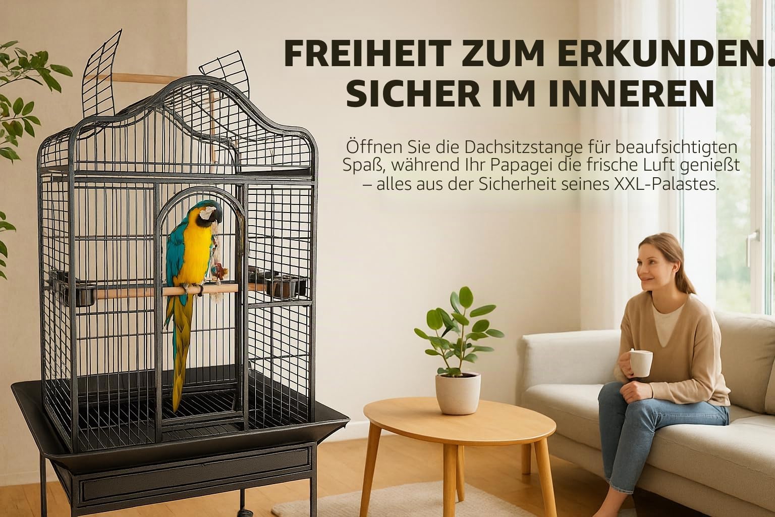 Flamingo Vogelkäfig – Voliere Vögel – Paros Antrazit – 125×92,5×173,5 cm – 4 Holzsitzstangen, 3 Näpfe, Sicherheitsfront, Dachöffnung, Metall-Schublade, Rollen