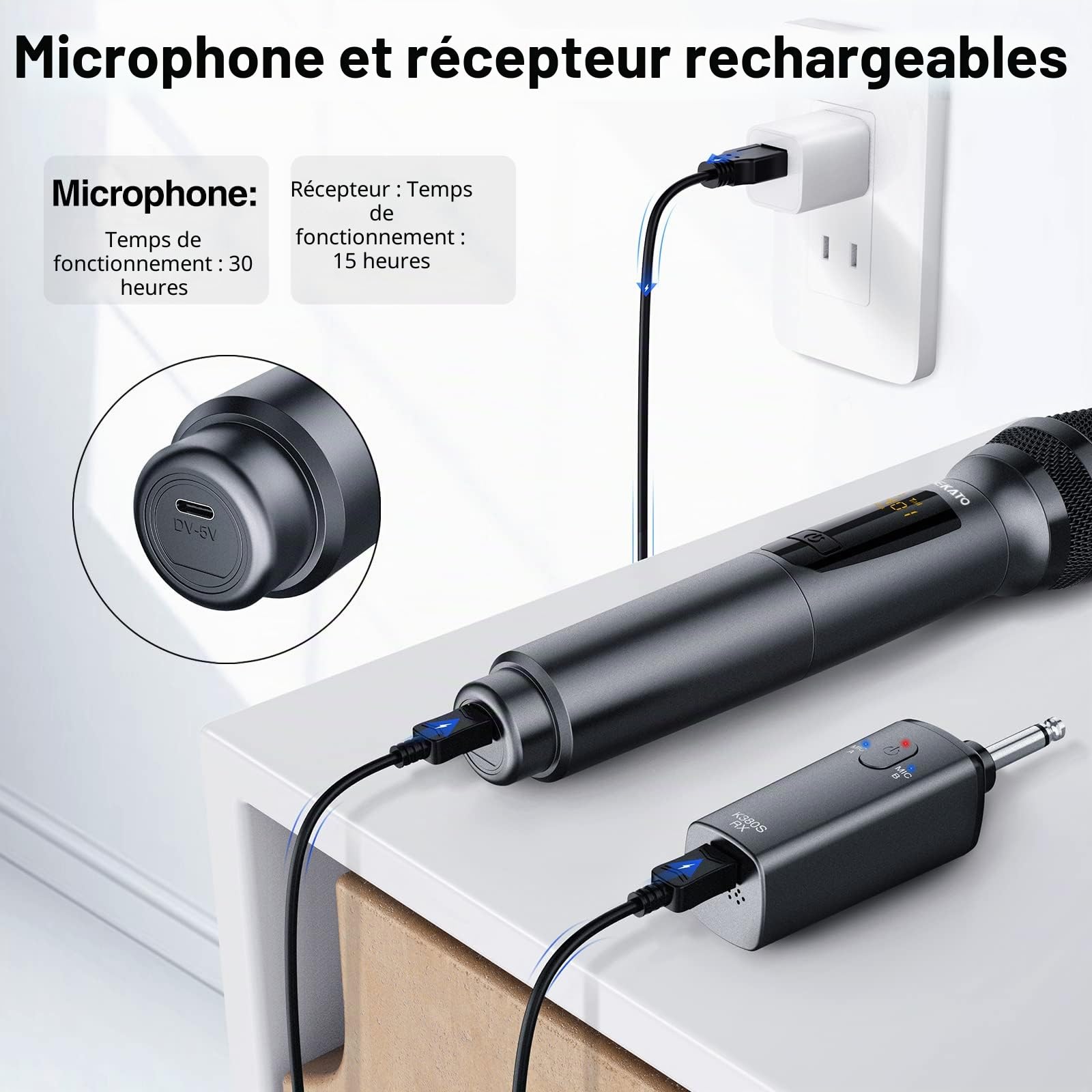 LEKATO Microphones sans Fil 2,4 GHz Doubles Rechargeables 30 Heures Autonomie Ensemble Métal Karaoké Chant Argent