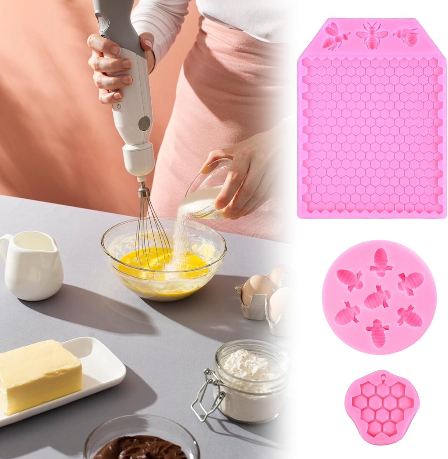3 Pcs Honeycomb Silicone Mold Bumble Bee Silicone Mold Honeycomb and Bee Fondant Molds Kit Beehive Baking Chocolate Molds for Cupcake Cake Decorating DIY Sugar Chocolate Candy Cookies Crafting