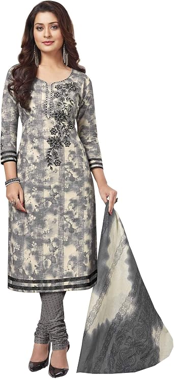 Miraan Women's Cotton Unstitched Dress Material Free Size Grey