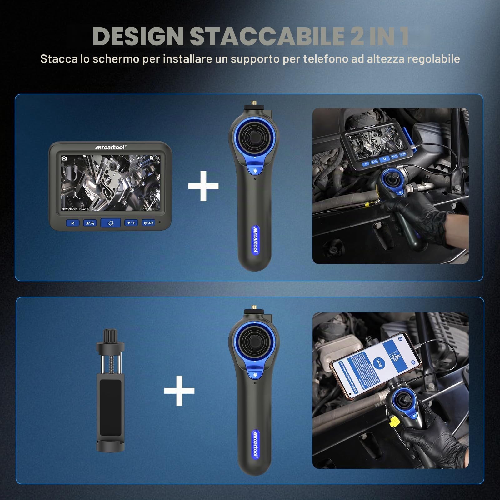 2-IN-1 Endoscopio articolato a 360° a 4 vie, schermo HD da 5 pollici, fotocamera di ispezione sottile da 6,2 mm con joystick staccabile e cavo semirigido da 1,2 m per meccanici HVAC automobilistici