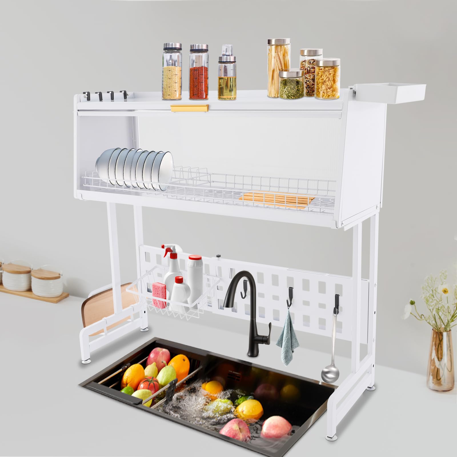 Escurreplatos sobre el fregadero, escurreplatos para platos sobre el fregadero con soporte telescópico ajustable para almacenamiento de cocina para fregaderos de hasta 84 cm