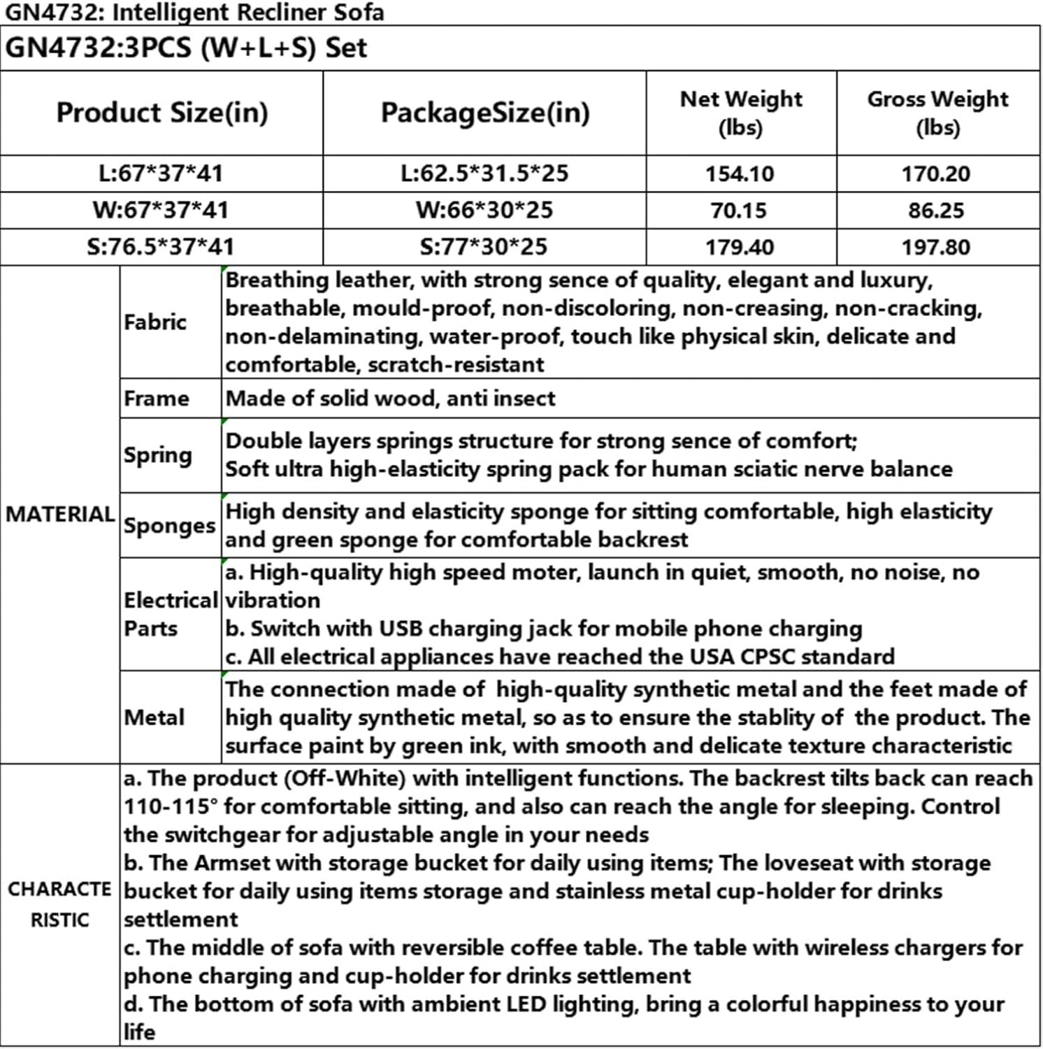 Recliner Sofa 3-Piece Set Off-White Breathing Leather LED Lighting USB Charging Cup-Holder Living Room