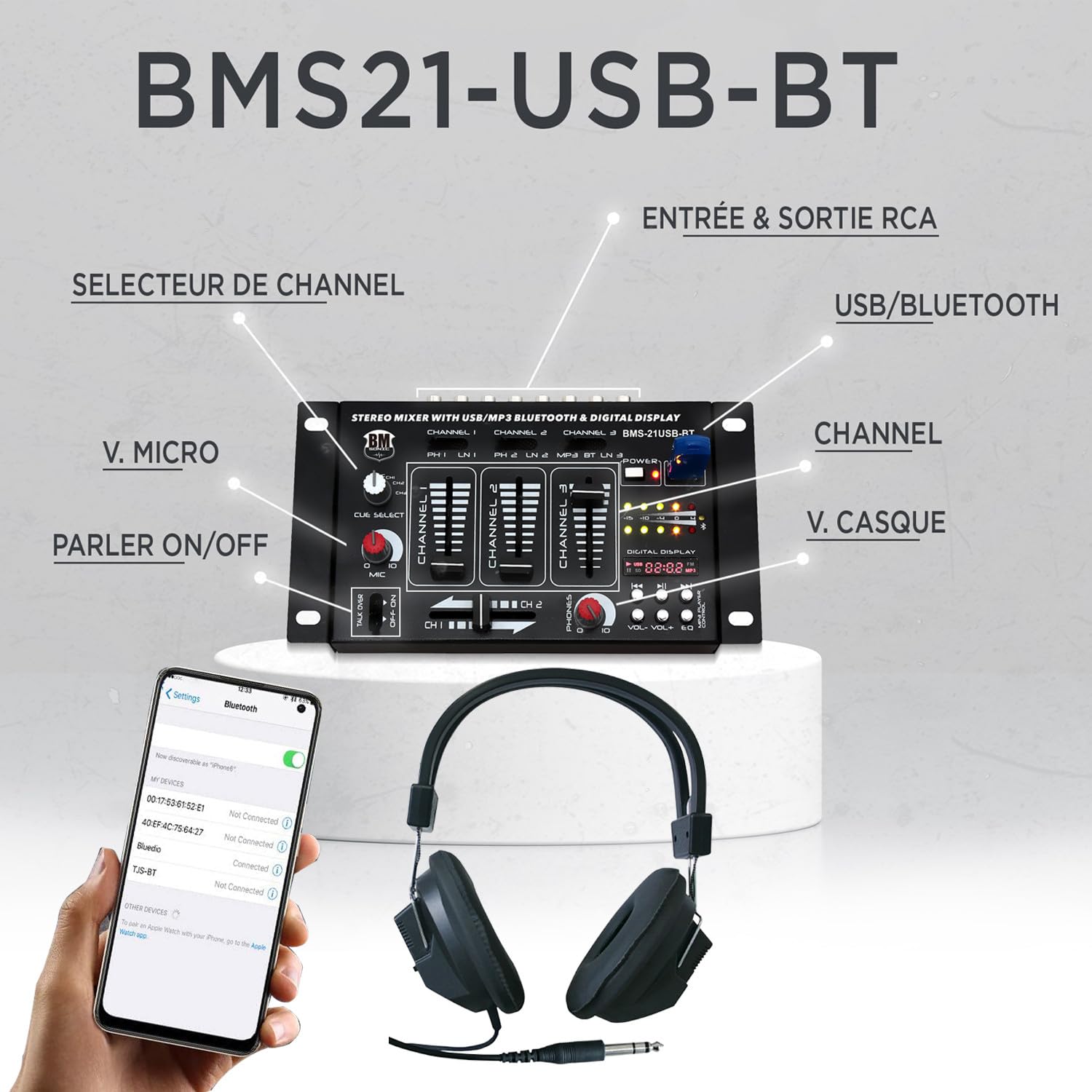 Pack Sono Complet 3200W BM Bmsonic Ampli 2000W, Paire d'Enceintes 2x600W, Table de Mixage, Portique 4 Lumières Xperformer OVNI LED