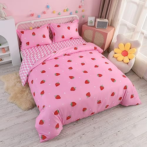 Miniatura 3 de Kawaii Conjuntos de Ropa de Cama para Niños - Juego de Edredón de Fresa para Niñas y Niños, Funda de Edredón Reversible Suave, Colcha de Decoración