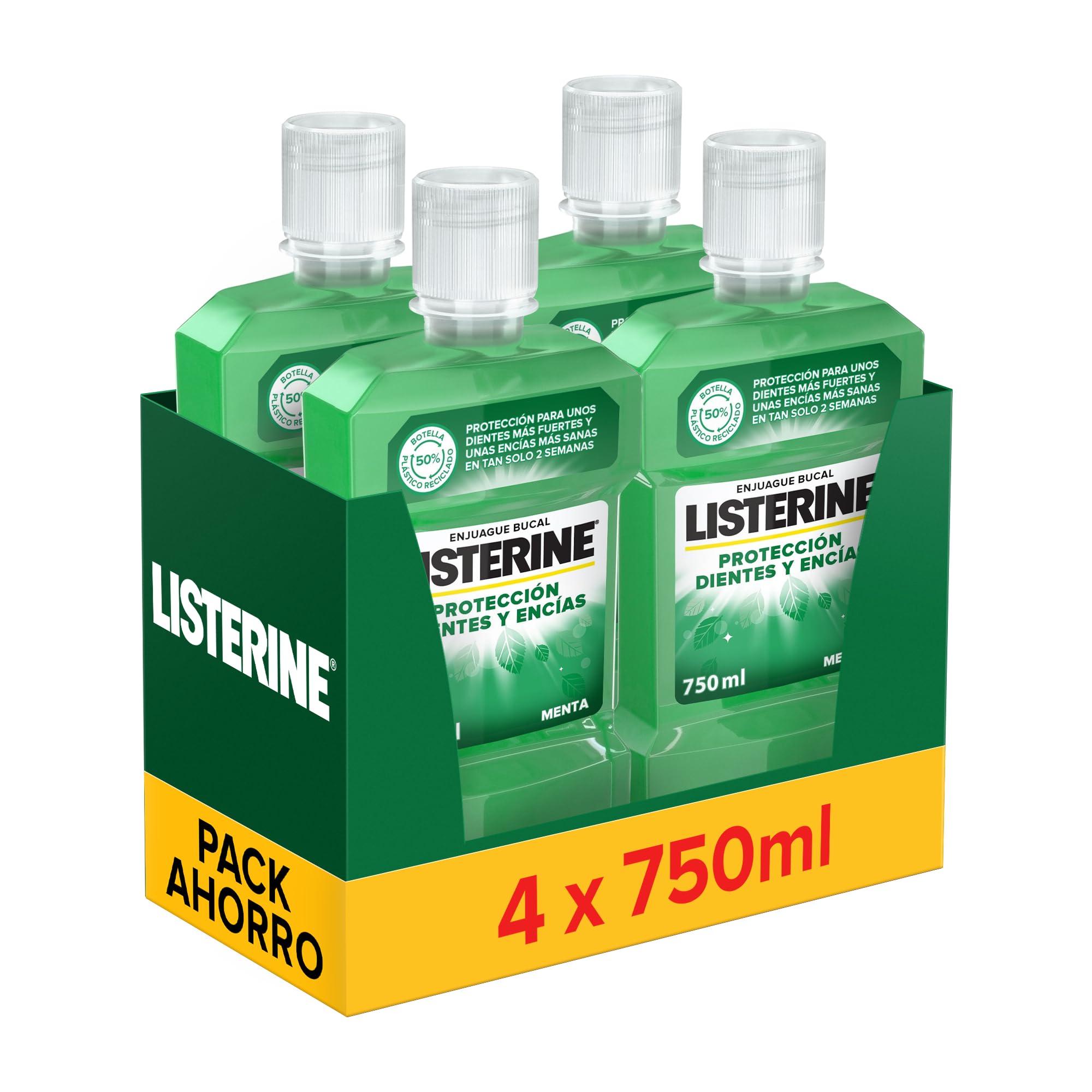 Listerine Protección Dientes y Encías, pack de 4 x 750 ml, enjuague bucal con flúor, colutorio bucal con 24 horas de protección, elixir bucal para un aliento fresco duradero