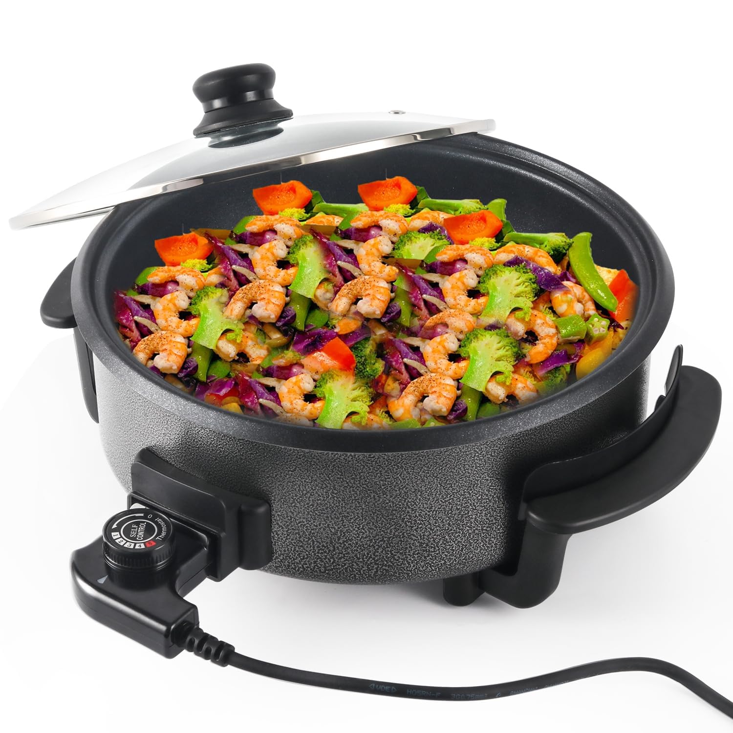 SUPERLEX Electric Frying Pan with Tempered Glass Lid, Non-Stick Coating, 42cm, 1500W Electric Skillet Detachable Thermostat Temperature Control, Steel Base, 7cm Depth