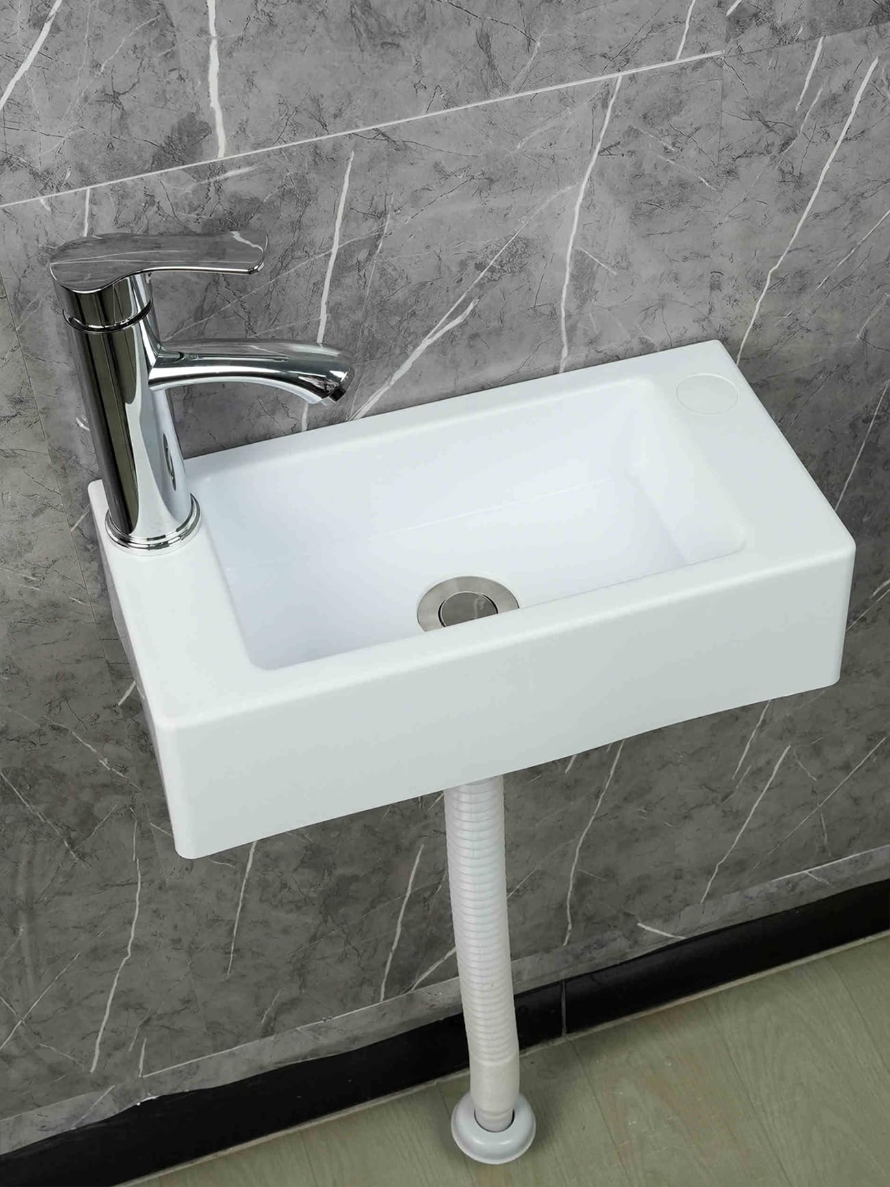 DDS22E Rectangular Laundry Sink White PP Resin 40x20x11cm Corner Wall-Mounted 75-150cm Drain(D - Rubinetto dell'acqua Calda e Fredda)