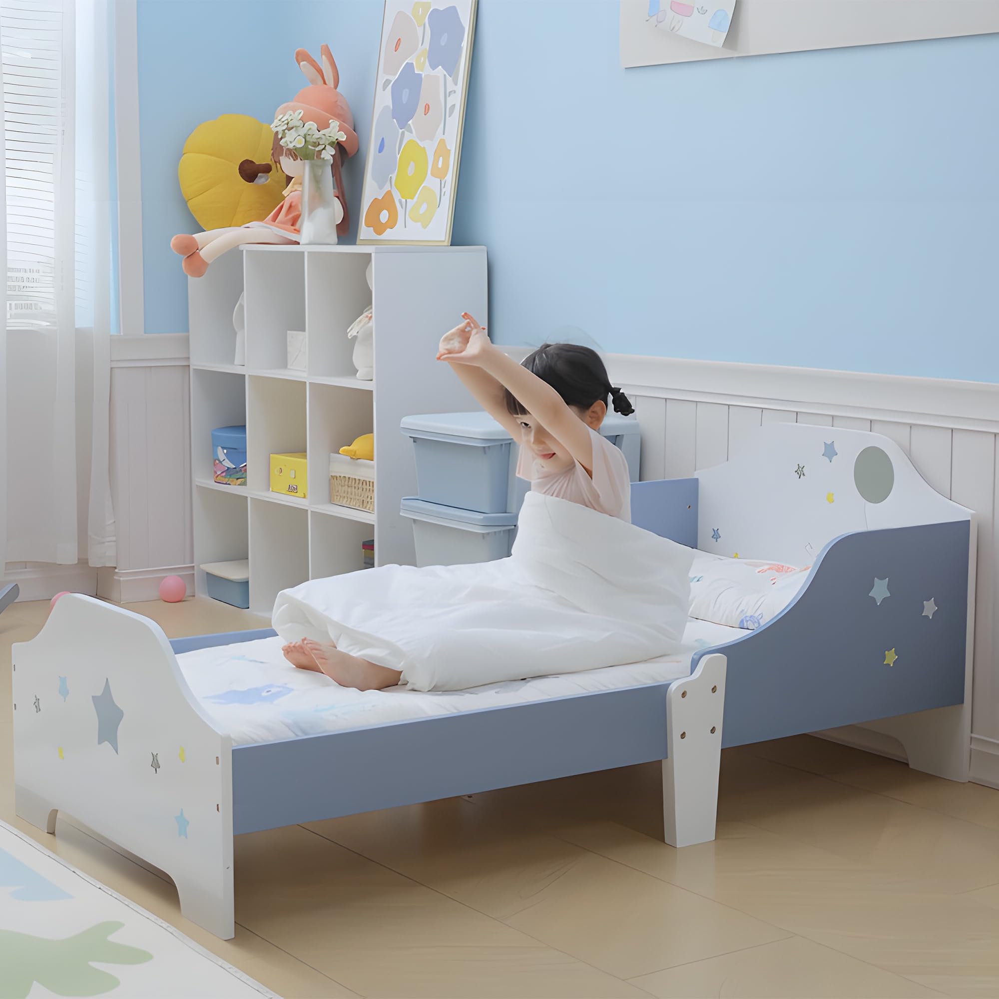 HOMCOM Cama para Niños de +3 Años 143x74x59 cm Cama Infantil de Madera con Estampado con Estrellas Carga 50 kg para Dormitorio Azul y Blanco