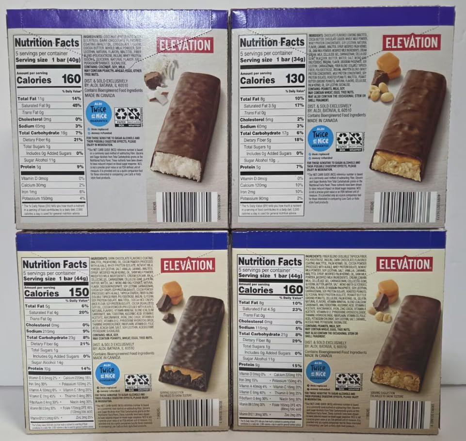 Elevation Endulgent & Snack Advance Bar 4 Flavors Chocolate Coconut, Caramel Nut, Cameral Double Chocolate Crunch, Caramel Chocolate Peanut Nougat (Four Boxes)