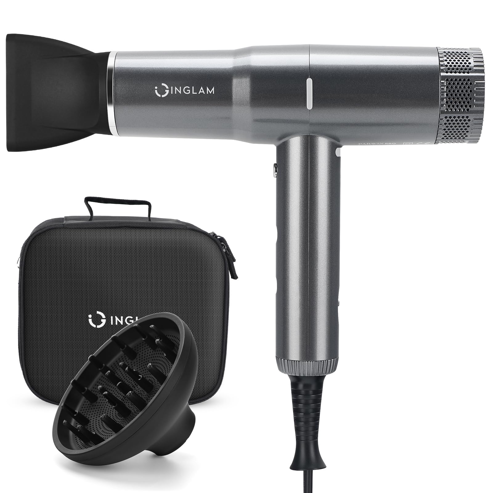 Hair Dryer with Diffuser, IG INGLAM 1875W Professional Ionic Blow Dryer, 110, 000 RPM High-Speed Brushless Motor, Auto-Clean, 3 Heat Settings & 3