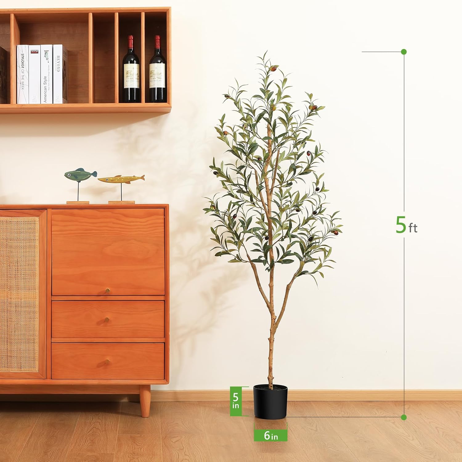 Kazeila Artificial Olive Tree 5FT Tall Faux Silk Plant for Home Office Decor Indoor Fake Potted Tree with Natural Wood Trunk and Lifelike Fruits - Image 4