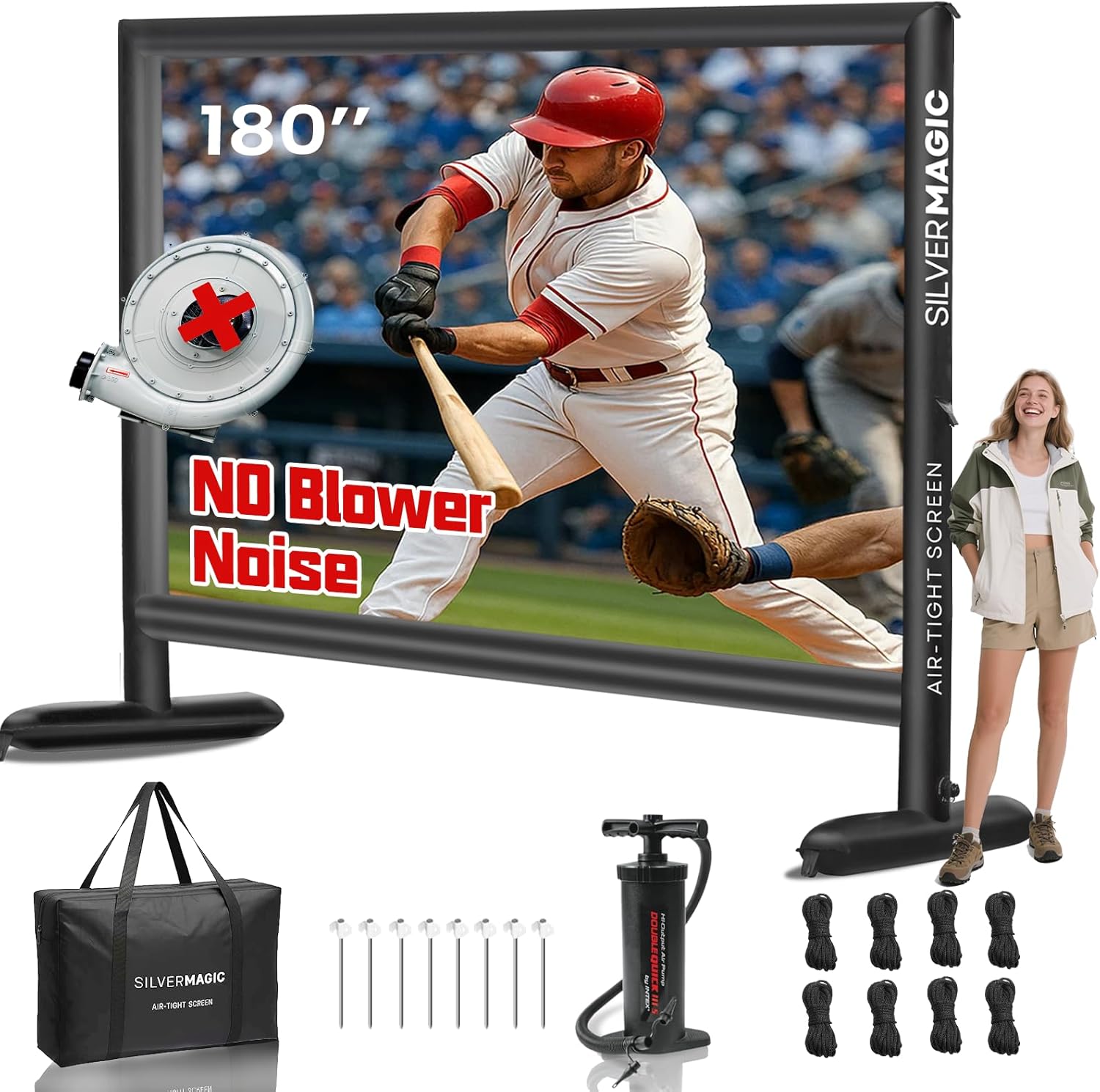 Silent Inflatable Projector Screen I Air-Tight No-Blower Design, Black Backing, 180 inch (Equivalent to 20ft) for Indoor & Outdoor Use Backyard, Pool, Camping, Office, Church by Silvermagic