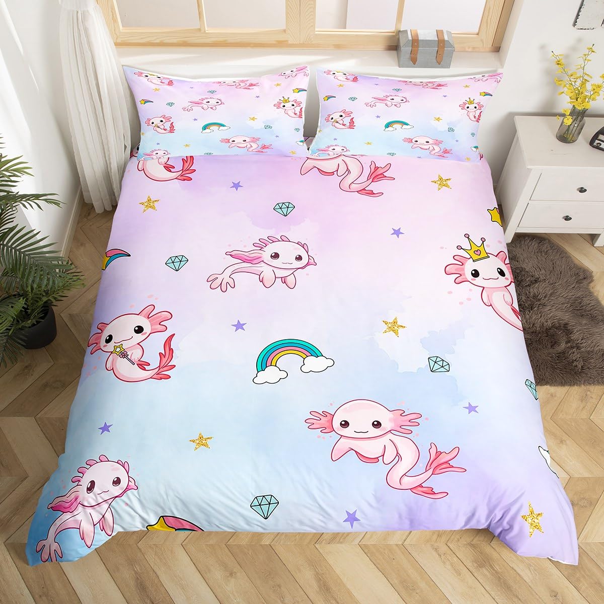 Housse de couette axolotl rose King Size avec 2 taies d'oreiller pour enfant
