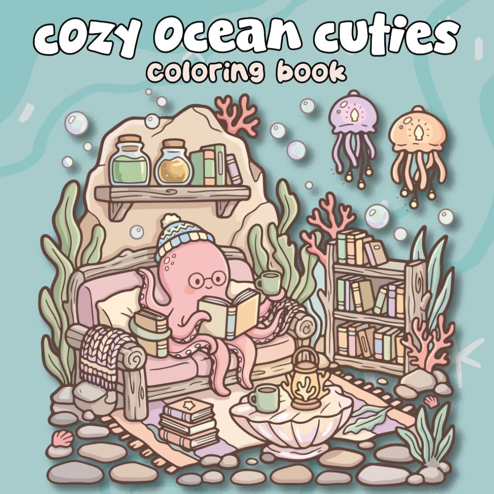 Cozy Ocean Cuties Coloring Book: Bold and Easy Kawaii Sea Animals in Relaxing Underwater Scenes for Kids and Adults
