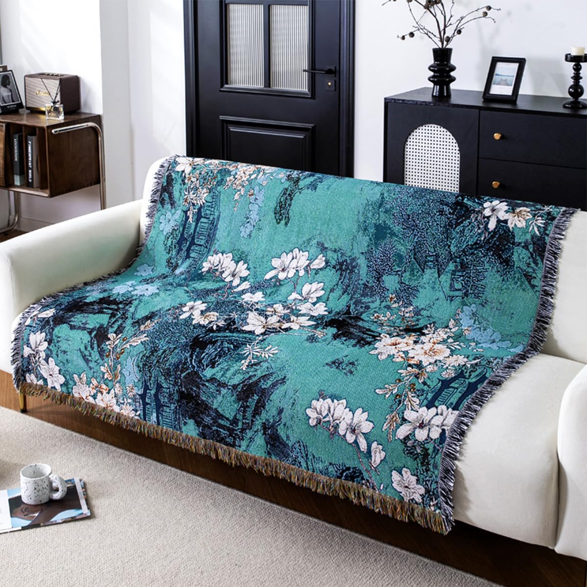 LumiSyne Couvertures Coton Tissé Jetés De Lit Avec Gland Motif Floral Jacquard Style Rétro Frais Réversible Couverture Décorative Jeté De Canapé Couverture De Camping Tapisserie Nappes Tapis 160x130cm