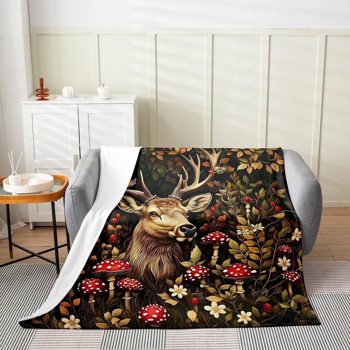 Deer Fleece Blanket,Wild Mushroom Flowers Nature Botanical Plants Leaves Bed Blanket for Kids Teens,Jungle Animal Lodge Moose Wildlife Hunting Flannel Blanket for Room Decor,Queen 90"x90"