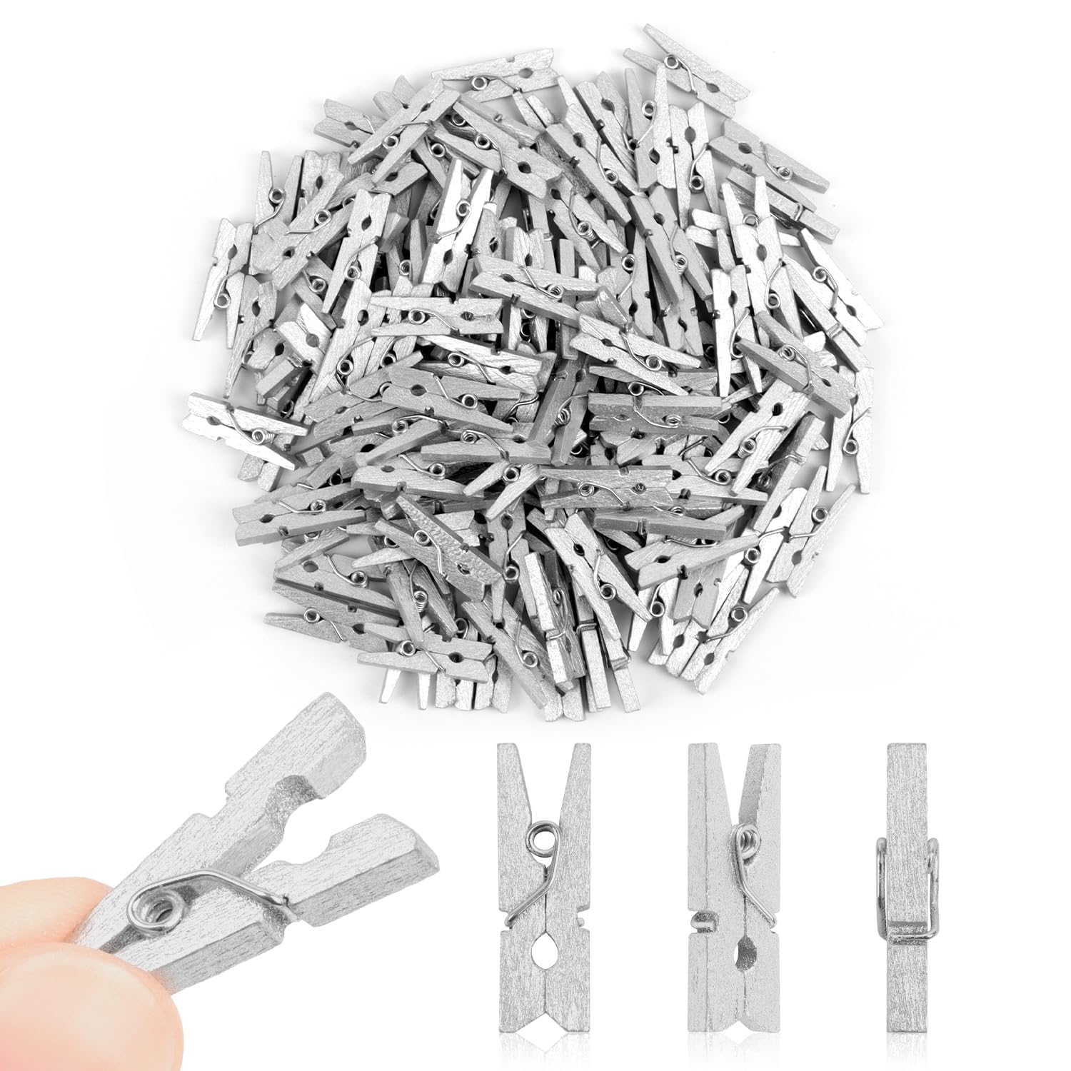 FINGOOO 150 Pcs Mini Wooden Pegs, Silver Wood Photo Pegs for Photo Clips Scrap Booking Crafts Hanging Pictures DIY Craft