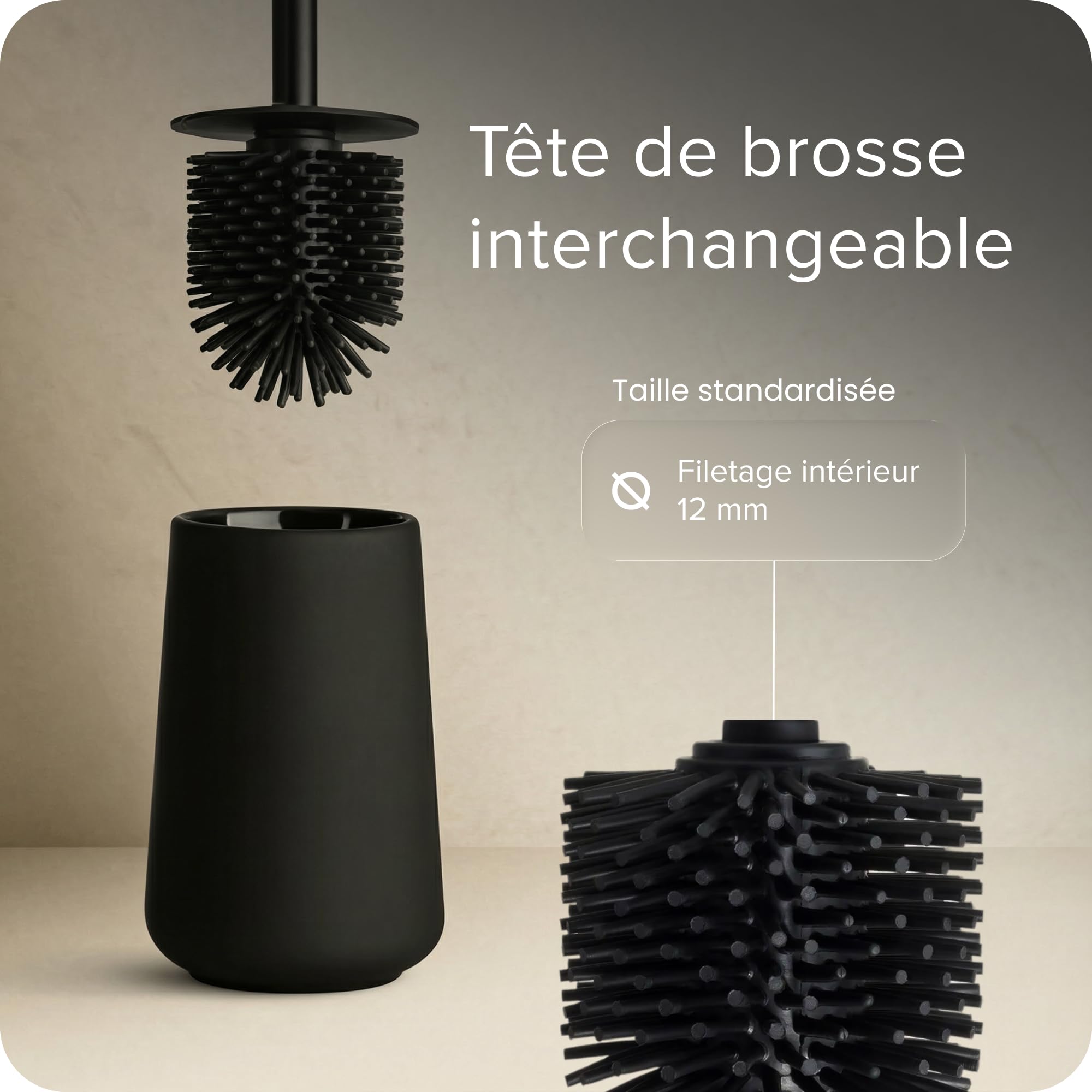 Black Sweden Home Salle de Bain Accessoire Noir Mat - Distributeur Savon, Gobelets, Brosse WC - Céramique Haut de Gamme, Revêtement Caoutchouc, Design Nordique - Brosse Set Salle de Bain