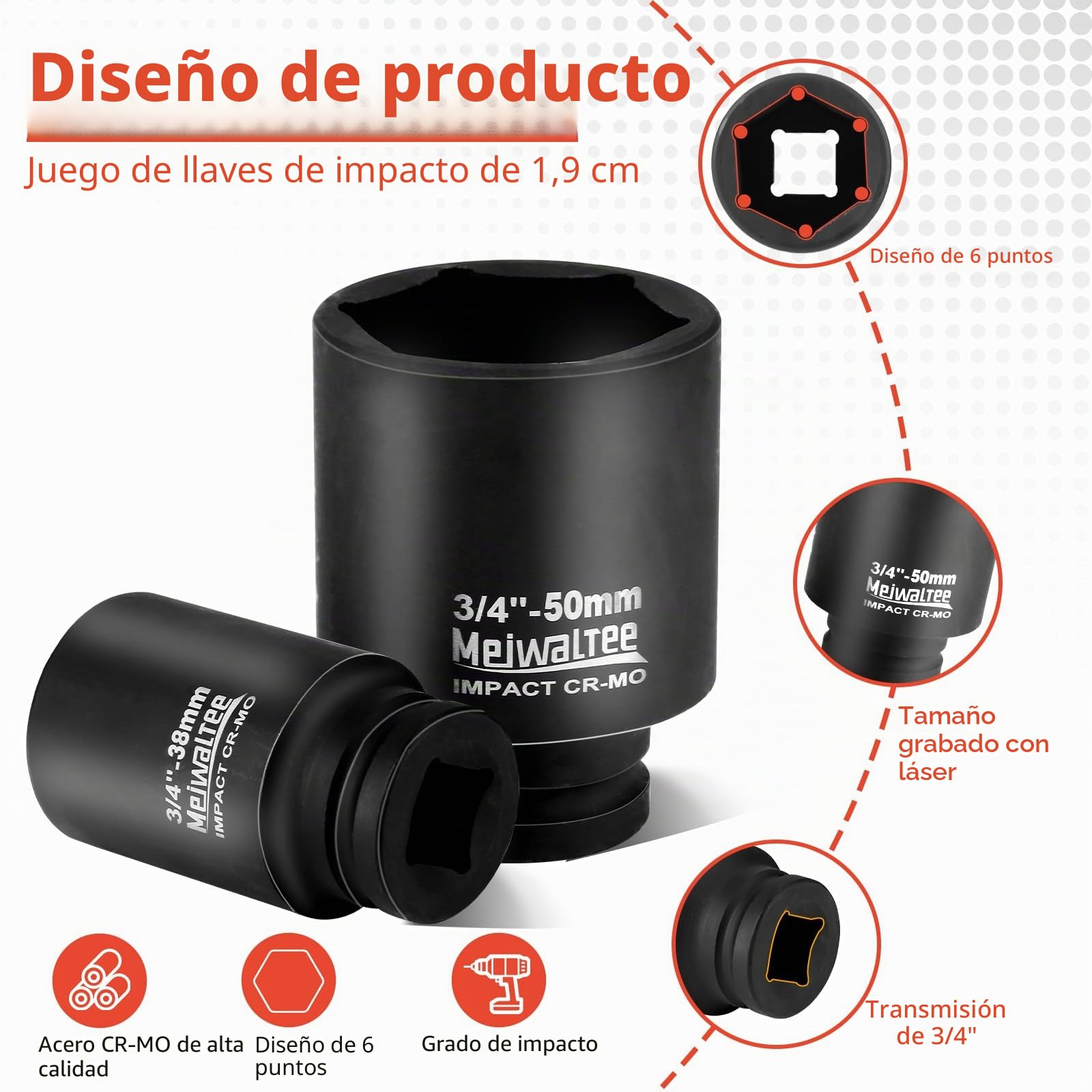 3/4" Juego de Llaves de Impacto | 17 - Piezas Jumbo Surtido de Llaves de Impacto Profundo Tamaños Métricos 17-38MM | Barra de extensión | 6 Puntos Torque | Acero Cr-Mo.