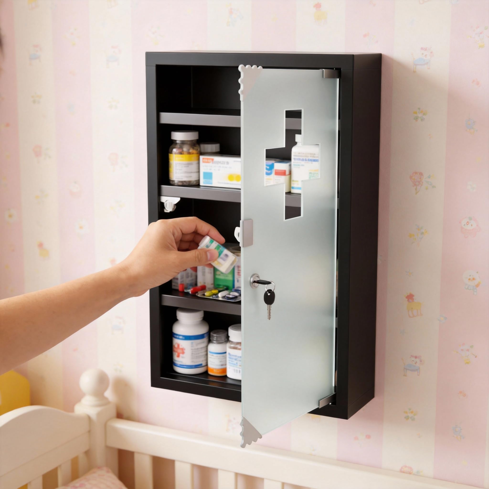 AufuN Armoire à pharmacie en acier inoxydable avec porte en verre, de nombreux compartiments pour la maison (4 compartiments, noir)