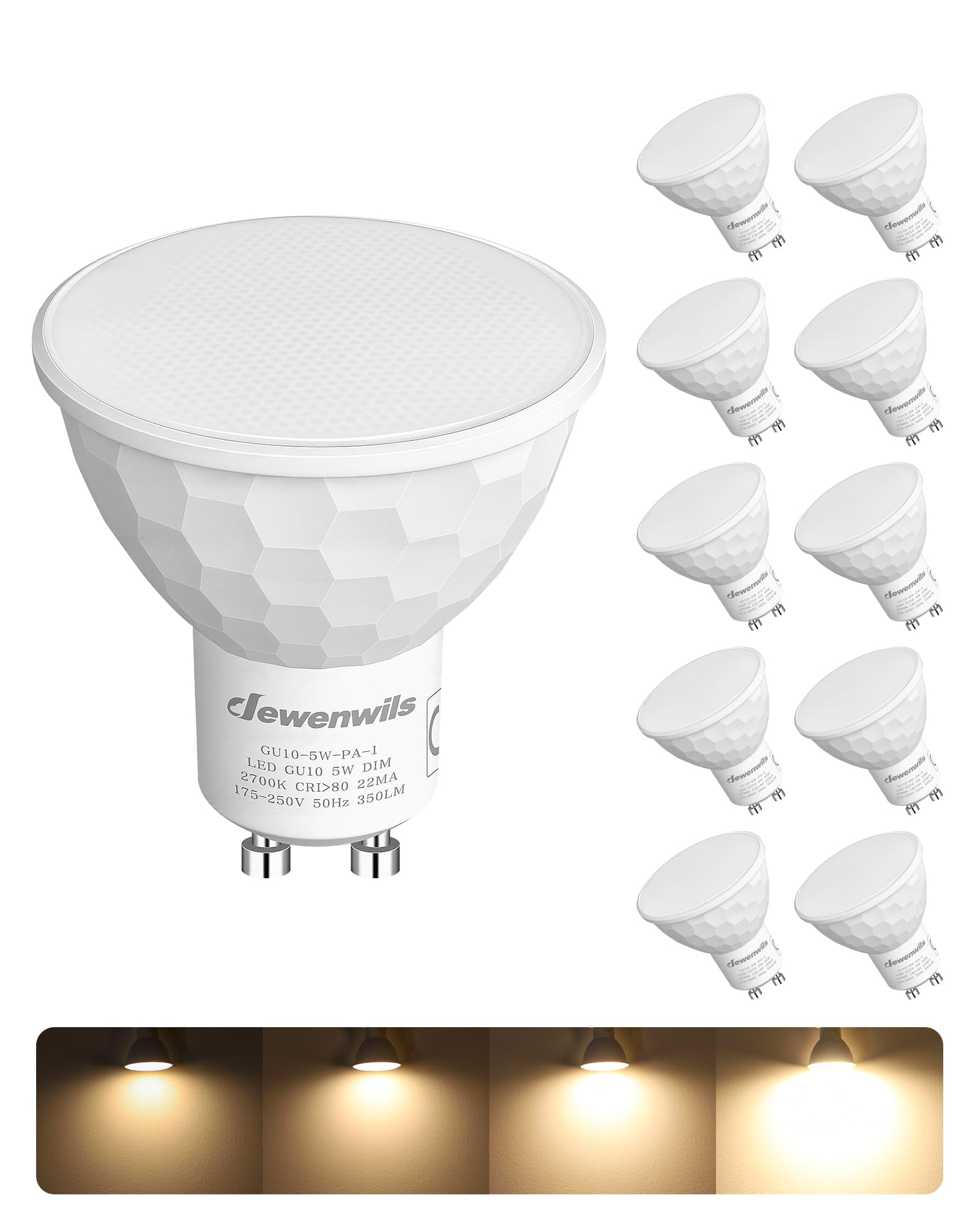 DEWENWILS 10 Pack GU10 LED Bulbs Dimmable, 5W Warm White 2700K, 120° Wide Beam Kitchen LED Spot Lights for Ceiling, 350LM Energy Saving Light Bulb for Lamp, CRI 80+